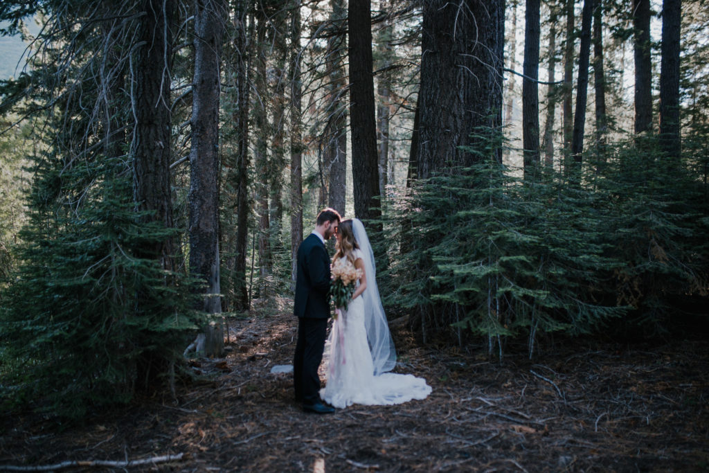 bride and groom standing the Smoky Mountain's forest embracing eachother on their wedding day. Forest wedding with a trendy boho and lace theme in Tennessee