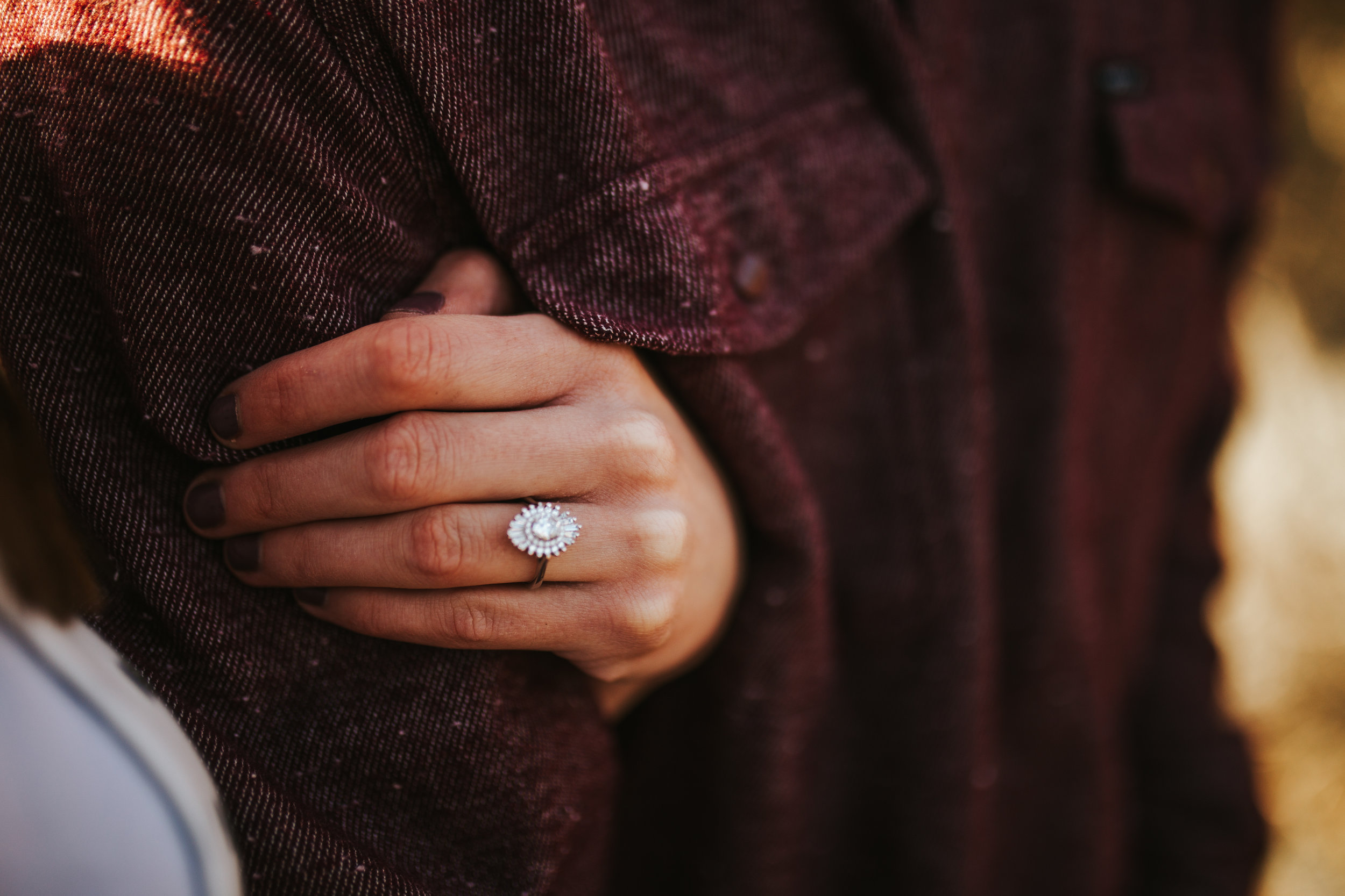 detail shot of engagement ring on female hand.