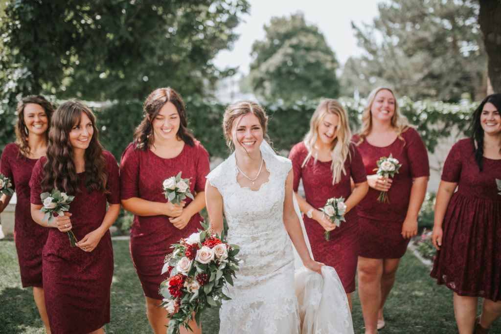 Bridal party walking during wedding day pictures