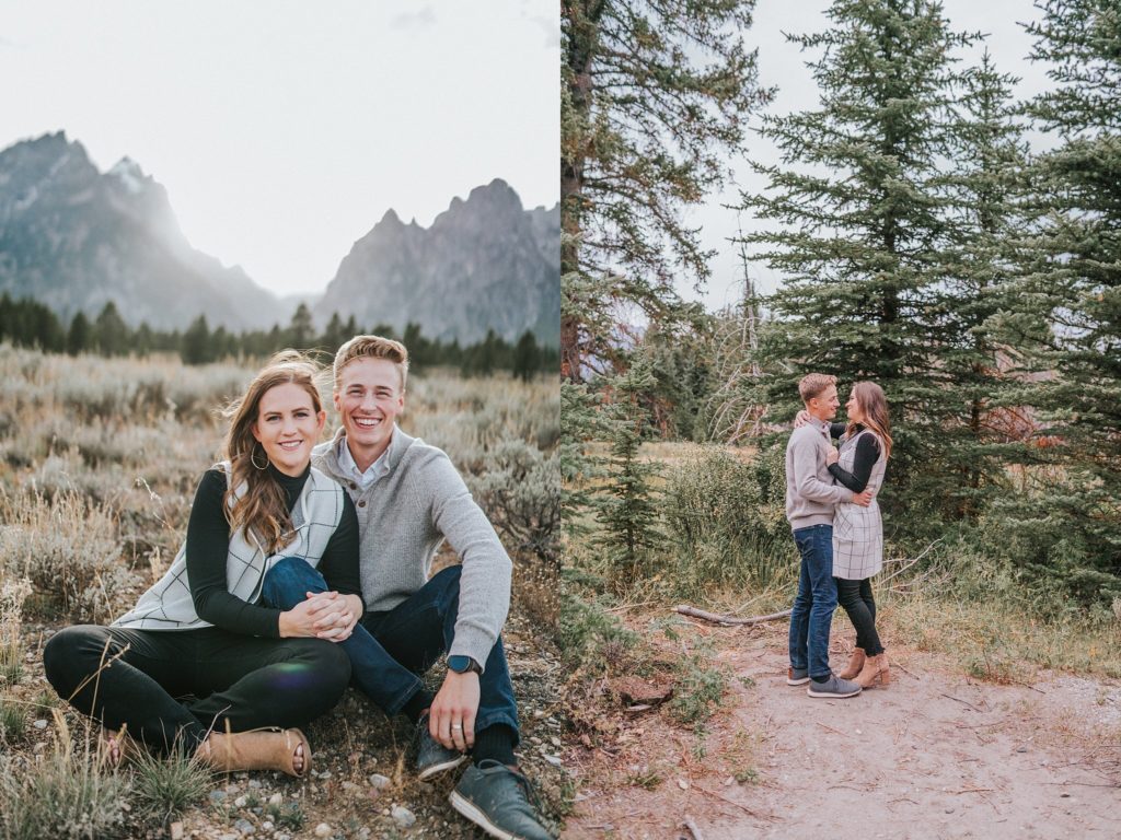 Smoky Mountain engagement session in the fall. With two photos, one is the coupled sitting in front of the mountain range, the other is the couple holding each other in a grove of pine trees