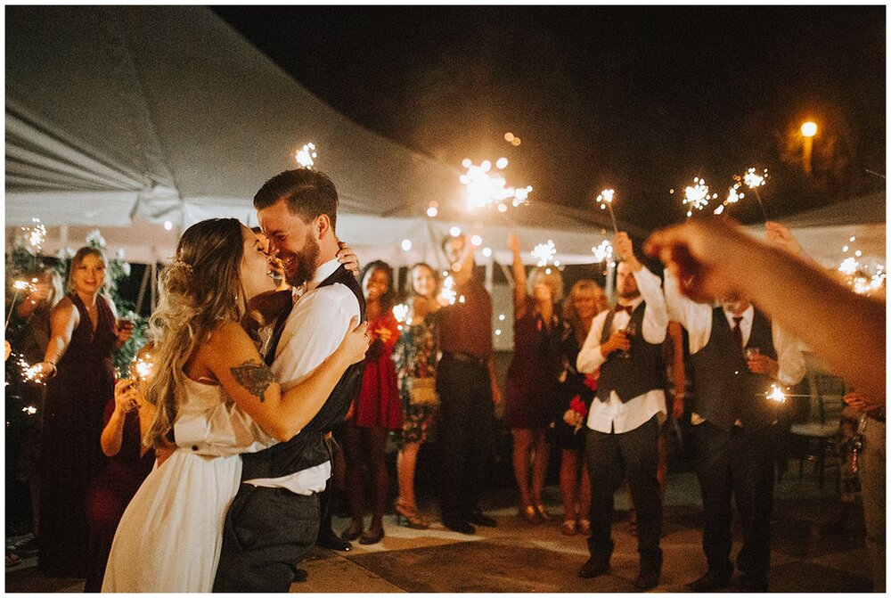 bride and groom dancing at night with sparklers surrounding them