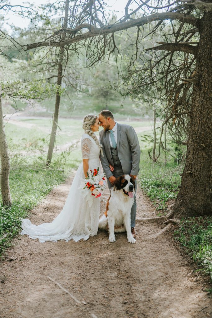 bride and groom and their dog pose after micro wedding in smoky mountains