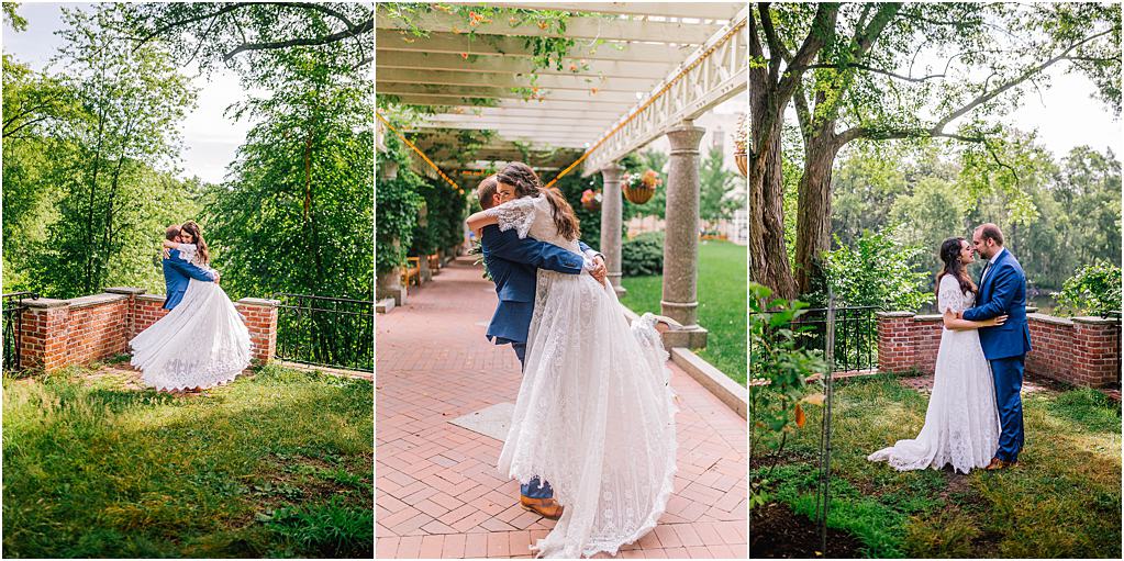 bride and groom celebrating their wedding in Boston public Gardens on a bright summer day