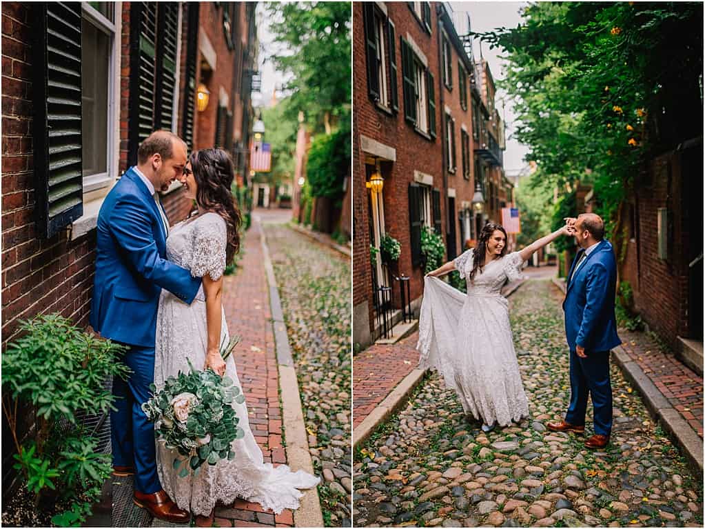 Boston wedding classy bride and groom on Acorn Street in Boston dancing and romantically looking at each other