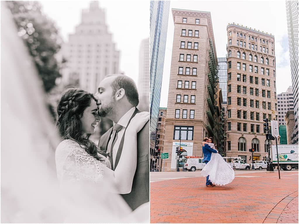 photo collage, husband kissing wifes forehead in front of a city building in black and white, groom picking up bride in downtown Boston look for the light photo and video 