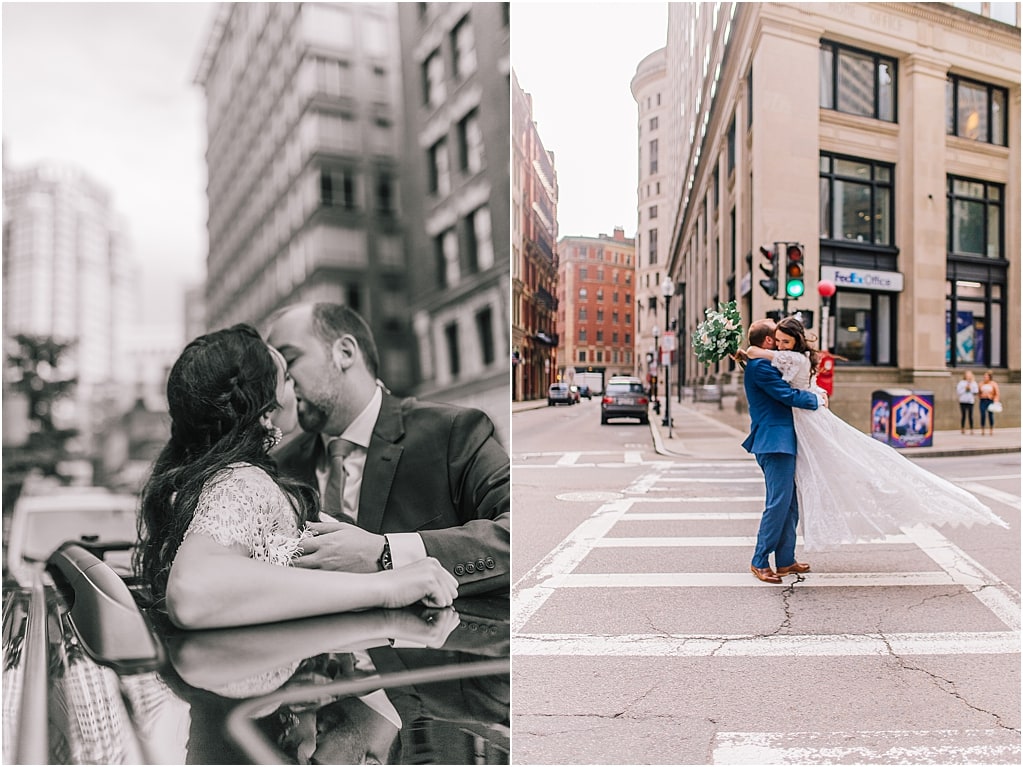 black and white photo of a wedding couple kissing at the top of a car through the sun roof in the city, groom spinning bride in a circle on a crosswalk in traffic