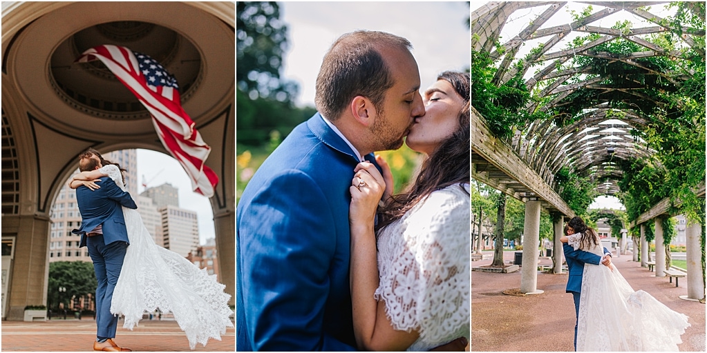 photo collage, newlyweds in front of United States flag twirling around, couple kissing, Boston green arches with bride and groom holding each other look for the light photo and video