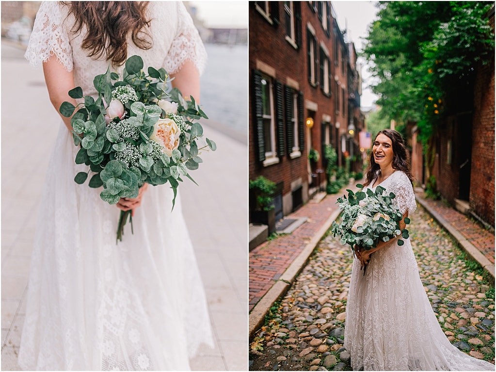 wedding at Beacon Hill on Acorn Street with the bride posing with her flowers and lace dress