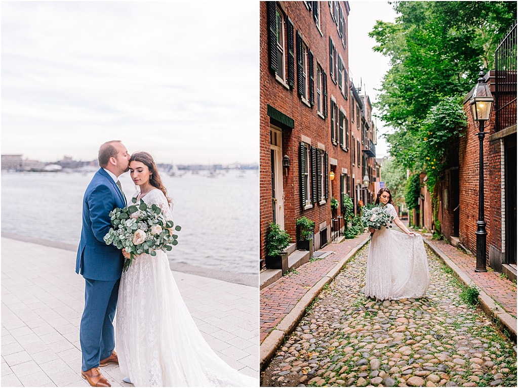 collage of couple at Boston Harbor embracing each other, bride on Acron Street in lace gown and bouquet of flowers look for the light photo and video