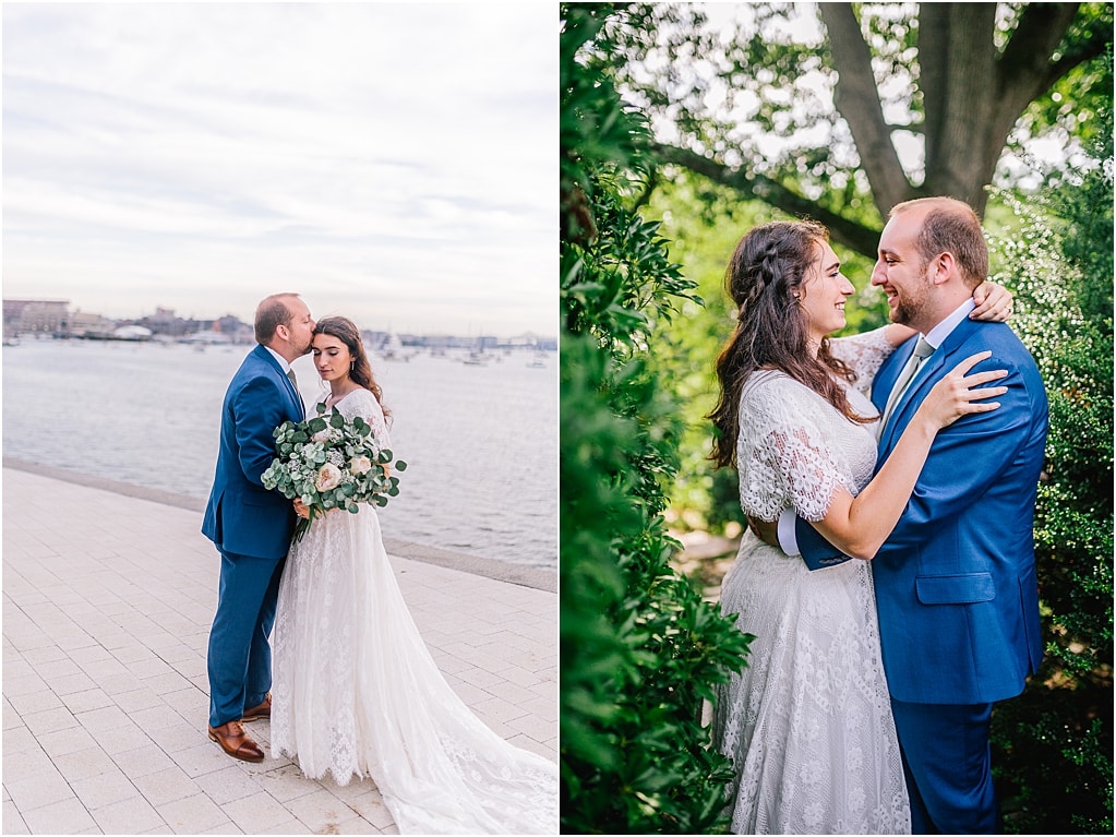 two pictures of a couple, one is in front of the water with the husband kissing the bride, the other the bride and groom are looking at each other while embracing in a gorgeous green garden