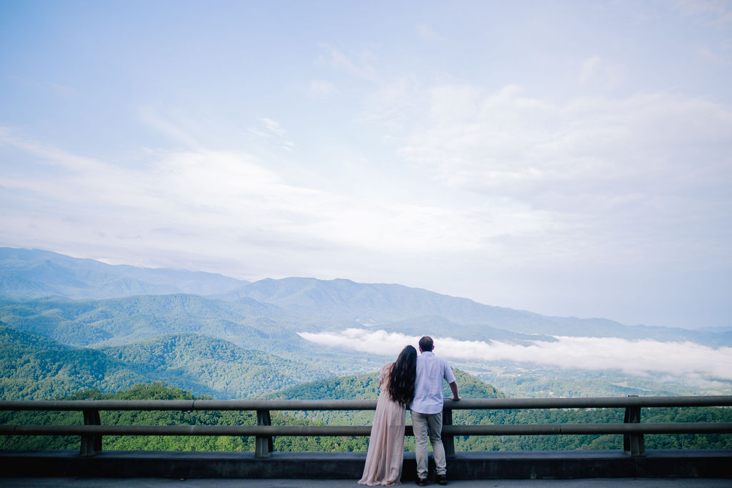 a bride and groom looking at the Smokies from the Foothills