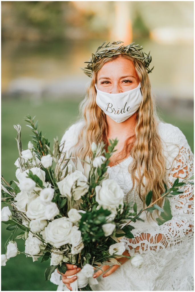 Outer Banks bohemian covid ceremony elopement look for the light photo video bride mask