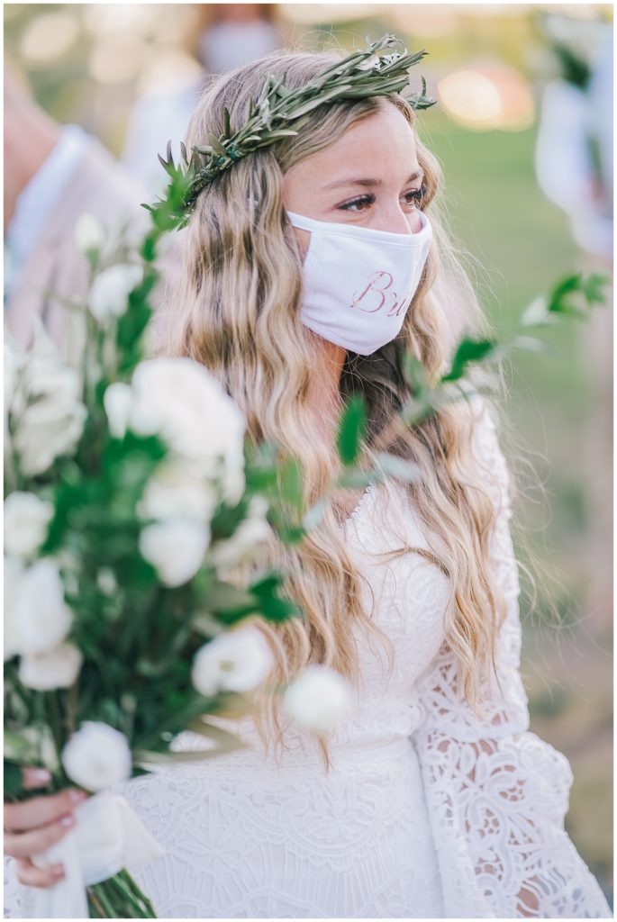 Outer Banks bohemian covid ceremony elopement look for the light photo video bride mask and simple flower crown