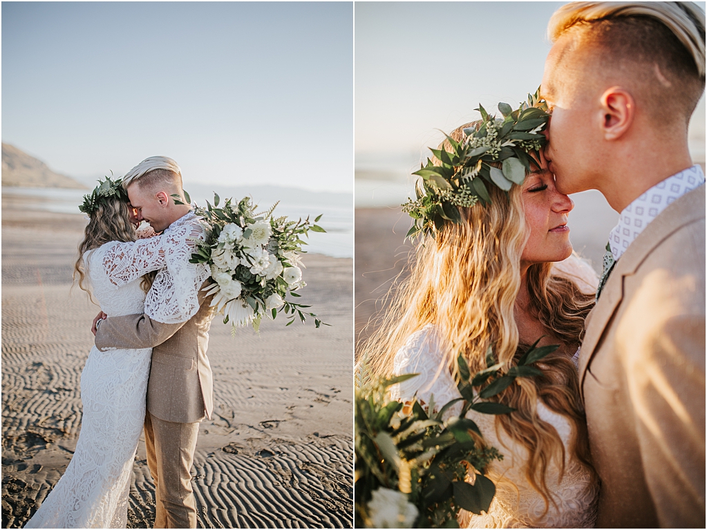 Outer banks dreamy elegant elopement groom kissing bride's forehead