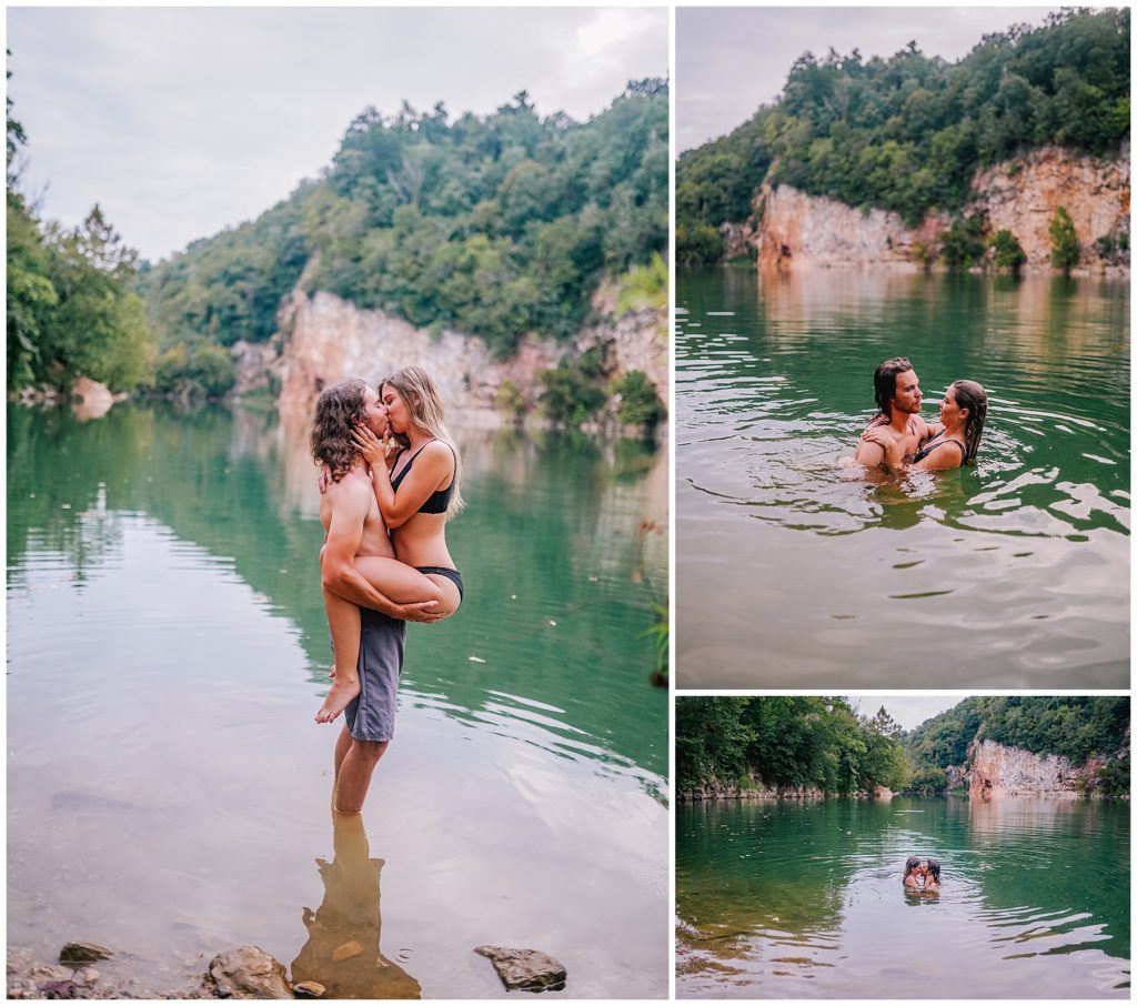 couple swimming in meads quarry during adventure engagement session