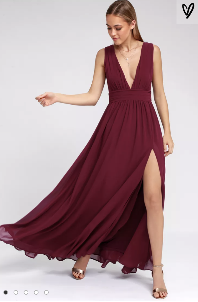 woman wearing long red dress for engagement outfit inspiration