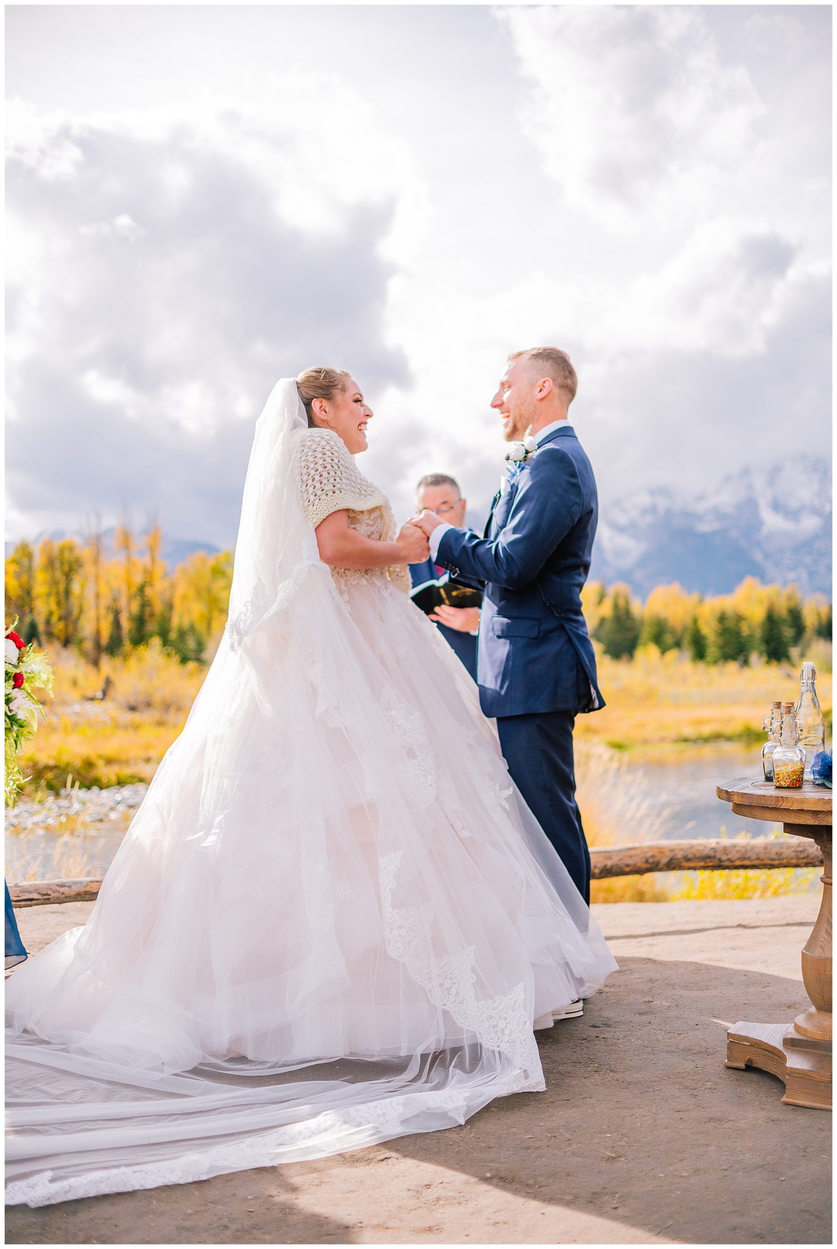 bride and groom during elopement ceremony in grand tetons mountains