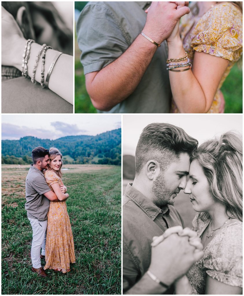 couple hugging in tennessee field during engagement session adventure