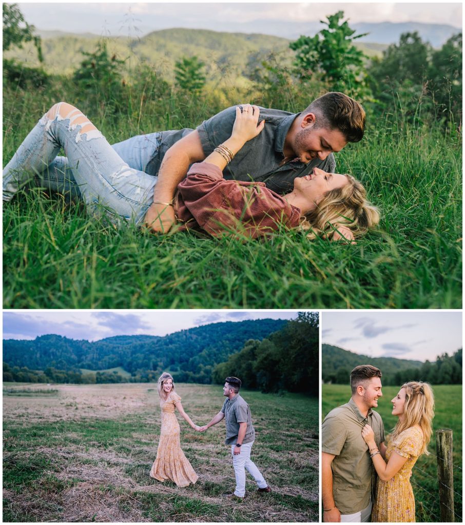 Man and woman posing and kissing in Tennessee field during forest engagements