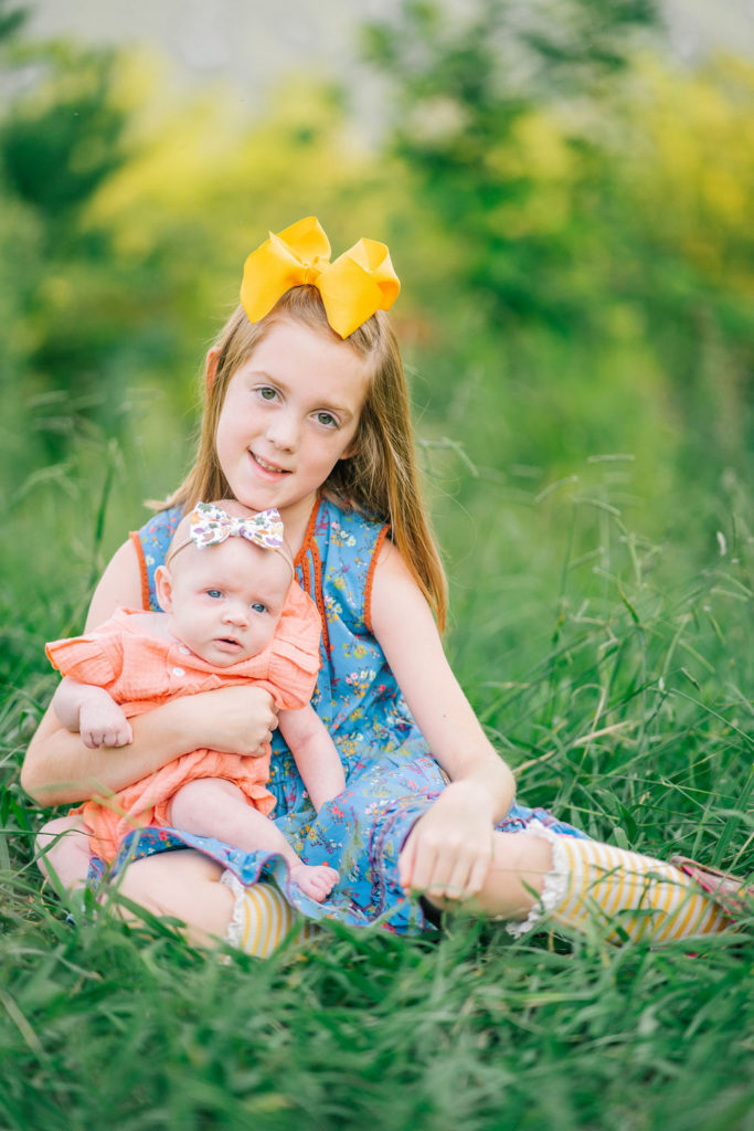 little girl holding her baby sister for family pictures in the Smokey Mountains off of foothills parkway