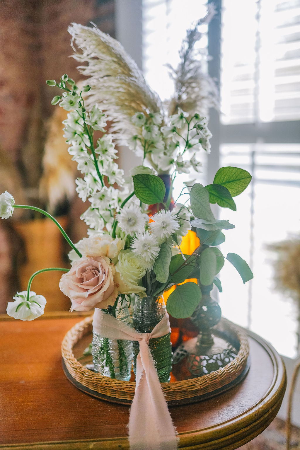 bohemian floral arrangement placed on a table