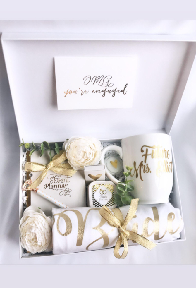 bride gift box in white and gold. brides christmas gift guide