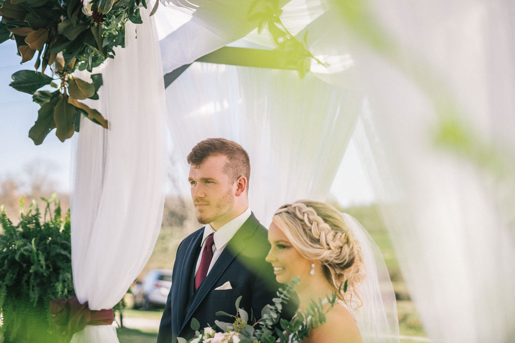 bride and groom posing during bridals in outdoor nashville elopement