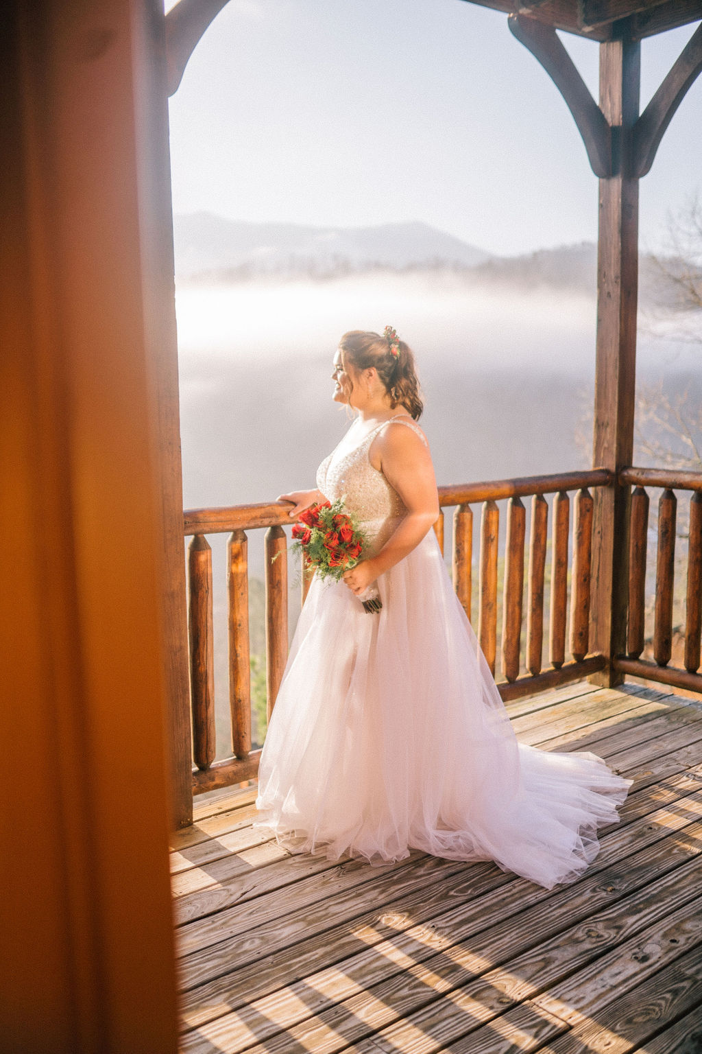 flowy wedding dress with a sparkly bodes for a smoky mountain wedding