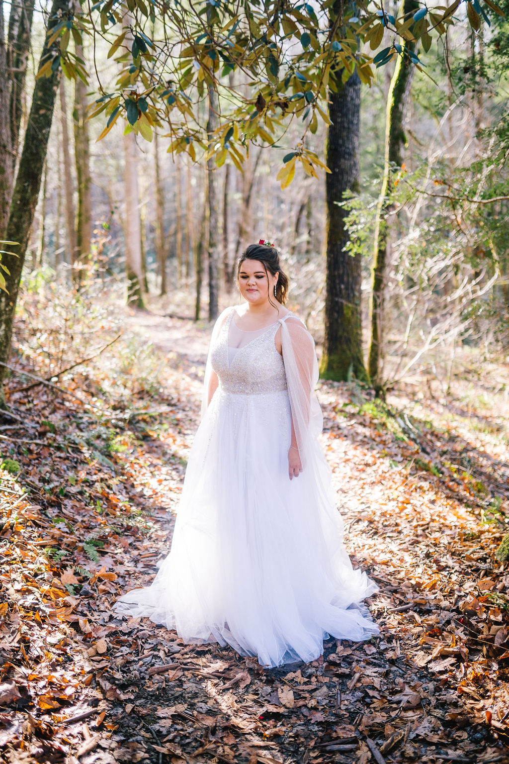 Smoky Mountain bride standing in the middle of the woods wearing an a-line gown with details of sparkle on the boddess