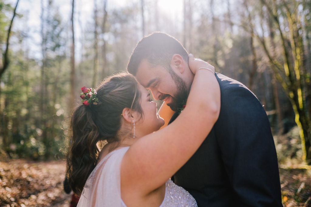 smoky mountains wedding photographer captures newly wed couple in the forest holding each other in the sunlight