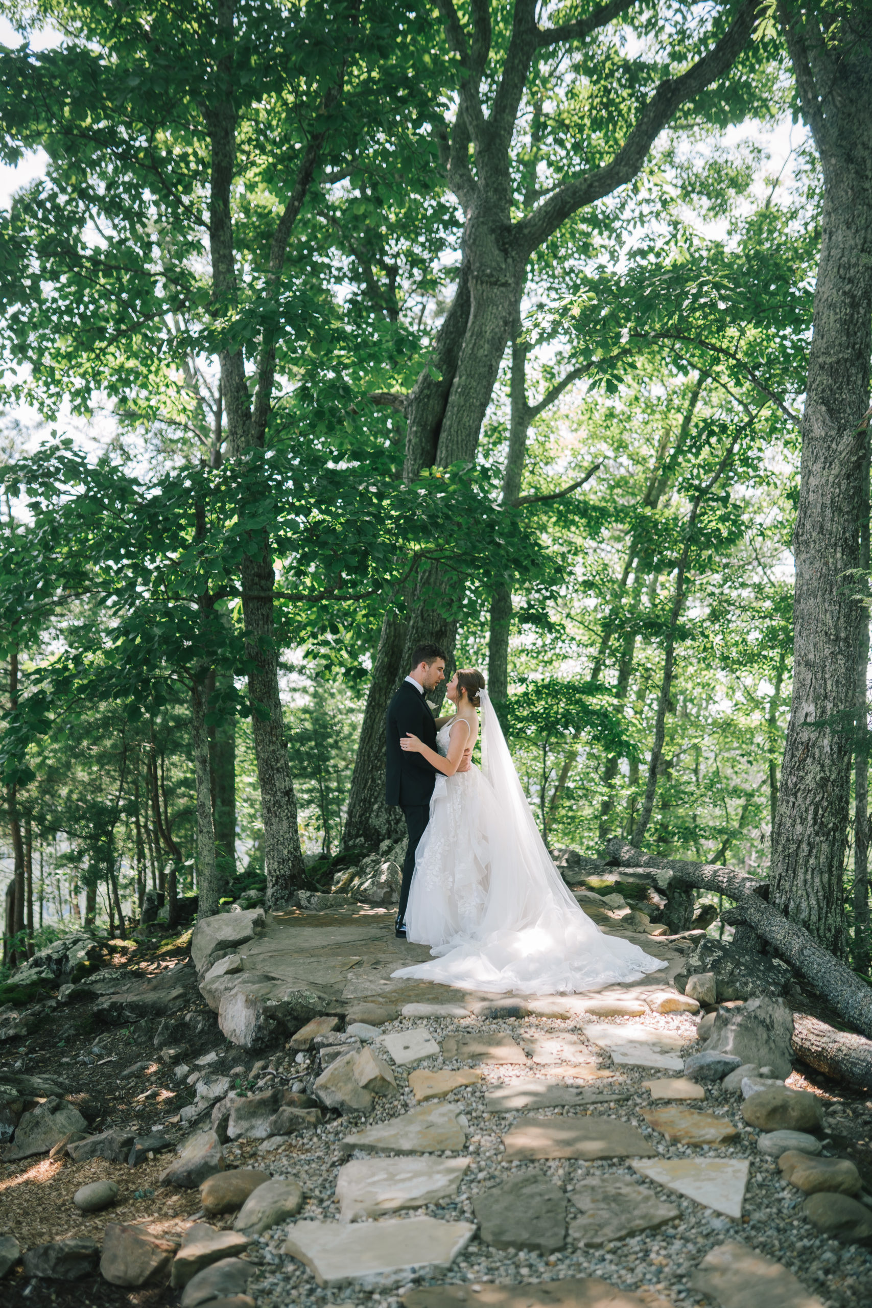 lush green forest with bride and groom holding each other at the Knoll at The Magnolia in Pigeon Forge for an elegant luxury wedding